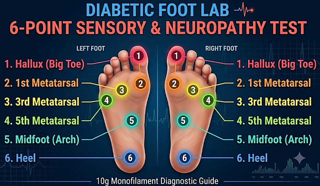 Diabetic Foot Lab 6-point sensory and neuropathy test — hallux, 1st, 3rd and 5th metatarsal, midfoot and heel on both feet